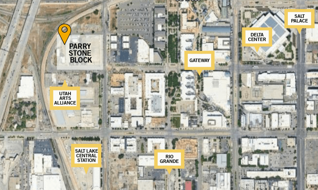 Parry Stone Block in Salt Lake City is located near the Utah Arts Alliance, Salt Lake Central Station, Gateway, Rio Grande, Delta Center, and Salt Palace